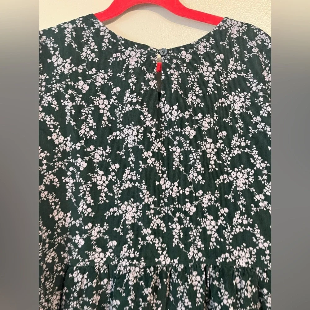 Gap Micro Corduroy Floral Green Girls Dress Tiered Fell Long Sleeves 12  New